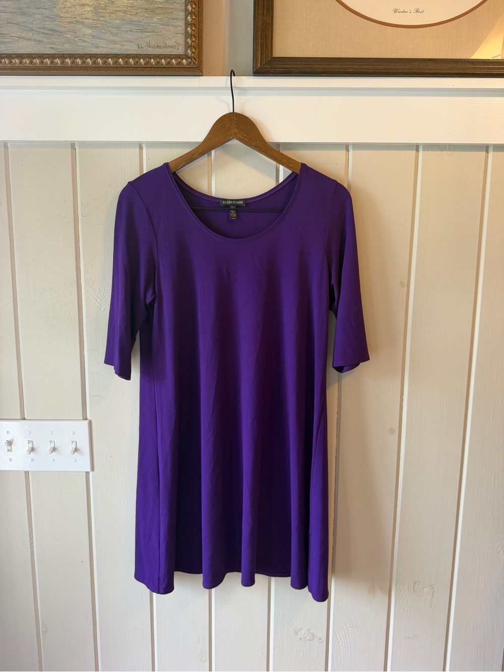 Eileen Fisher Purple Scoop Neck A-Line 1/2 Sleeve Simple Dress, Size Medium